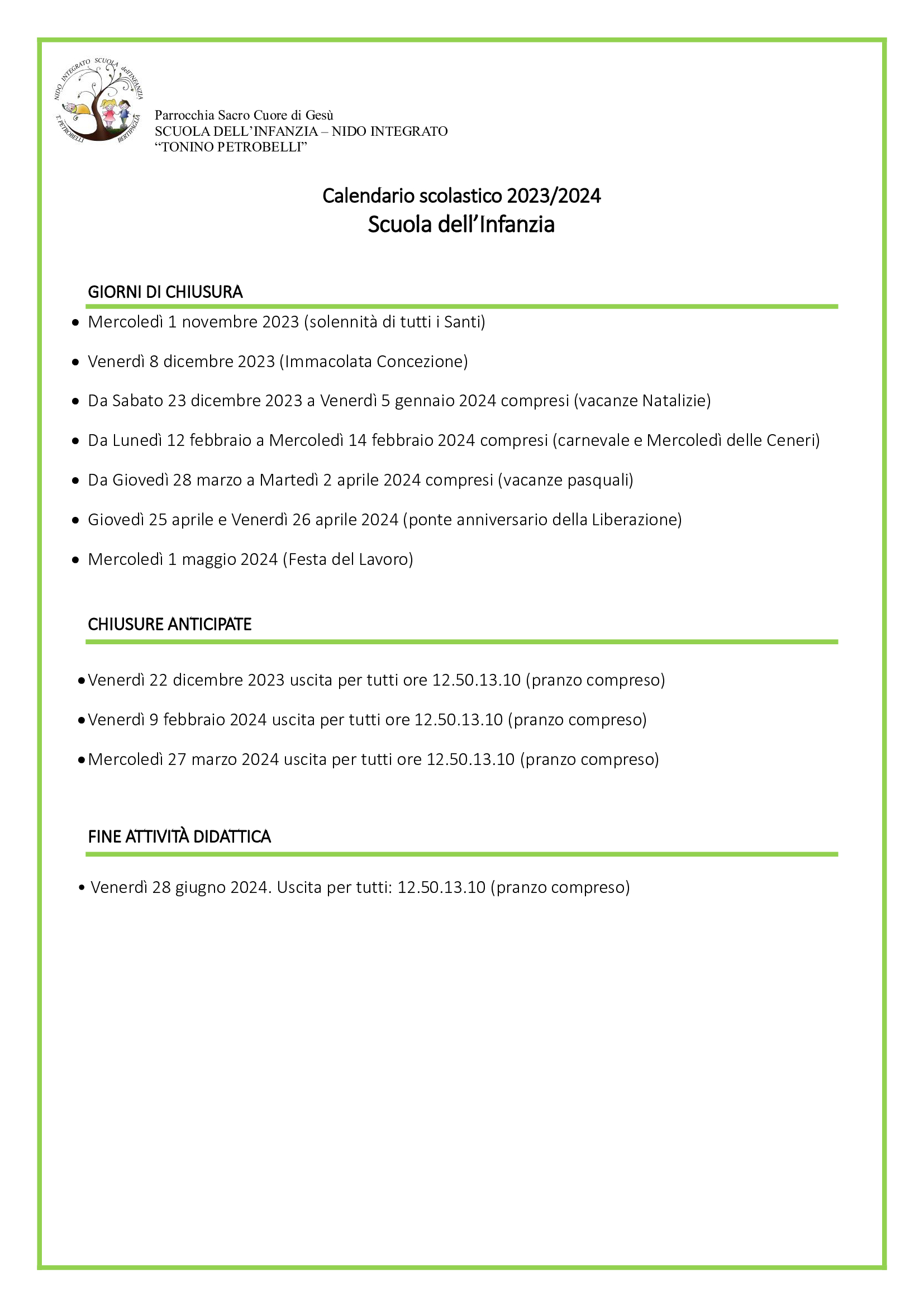 calendario scolastico 2023 2024 INFANZIA